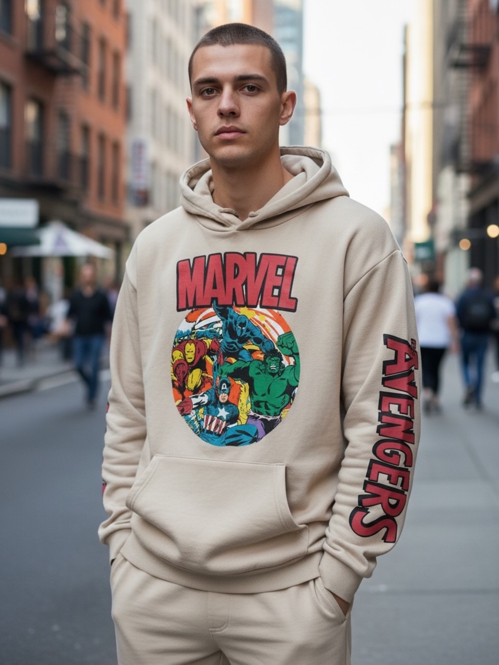 Official Marvel Avengers Retro Comic Graphic Tan Mens Hoodie Size M